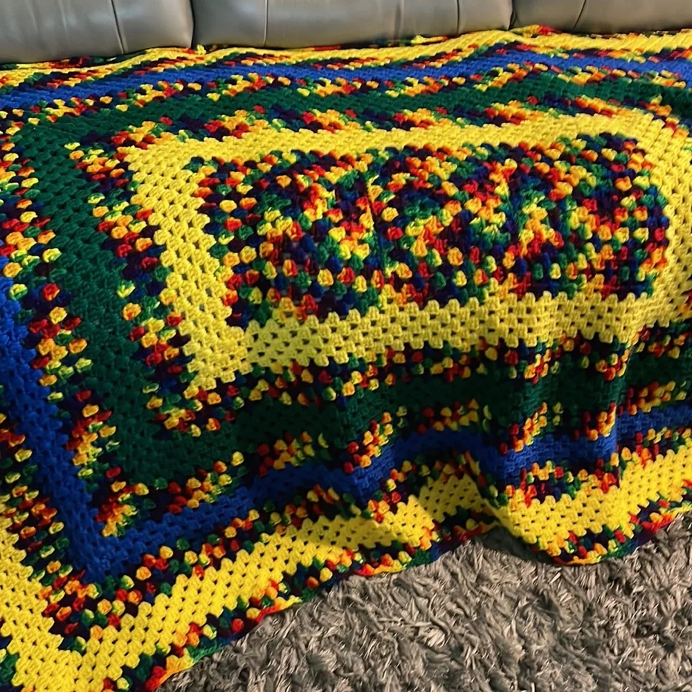 Beautiful vibrant colorful 55 x 43” handmade grandma/Roseanne Afghan throw